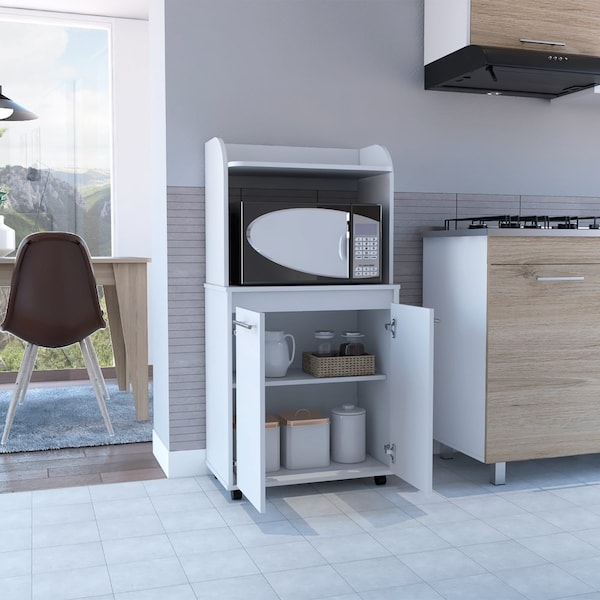 Tuhome Kira Kitchen Kart, Double Door Cabinet, One Open Shelf, Two Interior Shelves, White - MLB6769