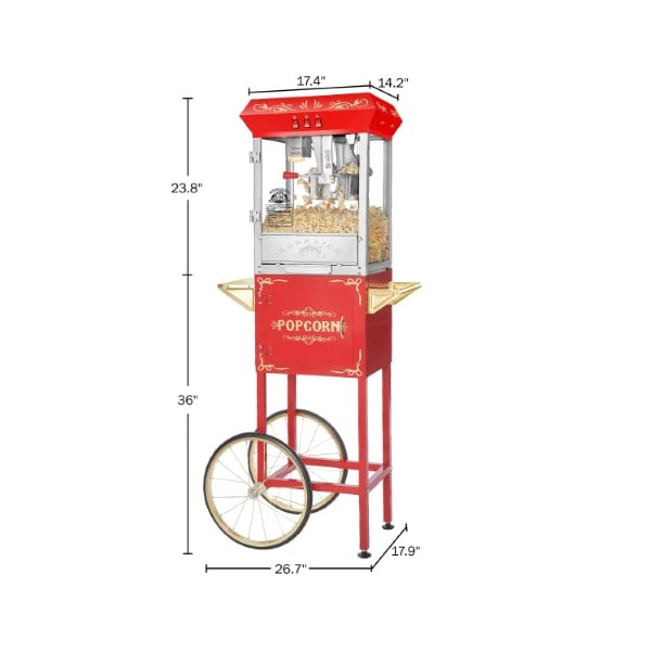 Superior Popcorn Co Carnival Popcorn Popper Machine With Cart-Makes Approx. 3 Gallons Per Batch-- (8 oz., Red) - 554852NTY