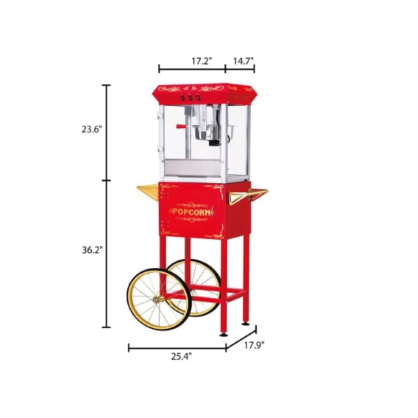Great Northern Popcorn Foundation Popcorn Machine with Cart Popper Makes 3 Gallons, 8-Ounce Kettle, Drawer, Tray, Scoop (Red) - 387508BKB