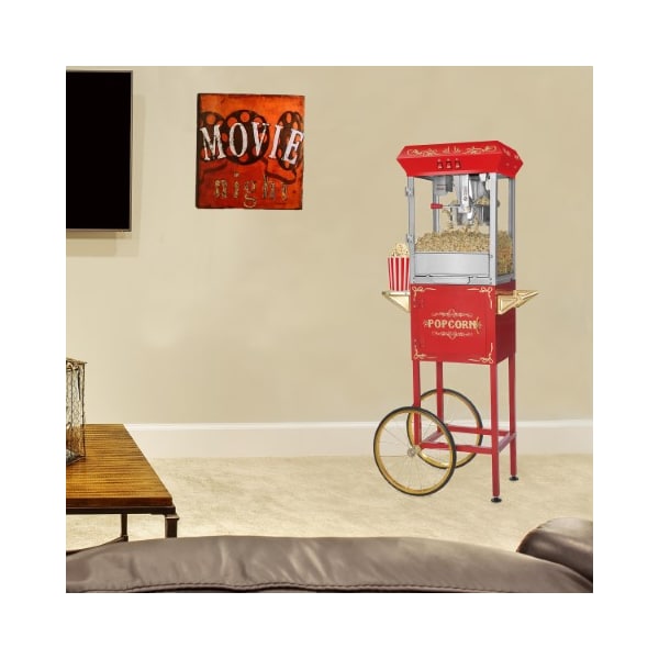 Great Northern Popcorn Foundation Popcorn Machine with Cart Popper Makes 3 Gallons, 8-Ounce Kettle, Drawer, Tray, Scoop (Red) - 387508BKB