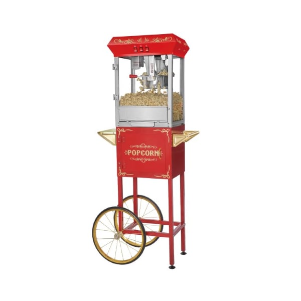 Great Northern Popcorn Foundation Popcorn Machine with Cart Popper Makes 3 Gallons, 8-Ounce Kettle, Drawer, Tray, Scoop (Red) - 387508BKB