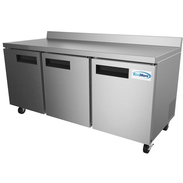 Koolmore 72" Stainless Steel 3 Door Worktop Commercial Refrigerator with 3 1/2 Backsplash - RWT-3D-16C