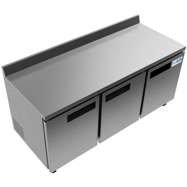 Koolmore 72" Stainless Steel 3 Door Worktop Commercial Refrigerator with 3 1/2 Backsplash - RWT-3D-16C