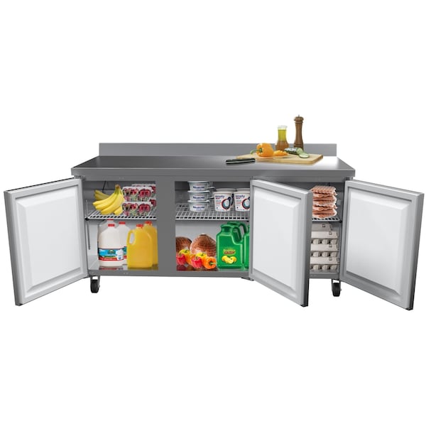 Koolmore 72" Stainless Steel 3 Door Worktop Commercial Refrigerator with 3 1/2 Backsplash - RWT-3D-16C