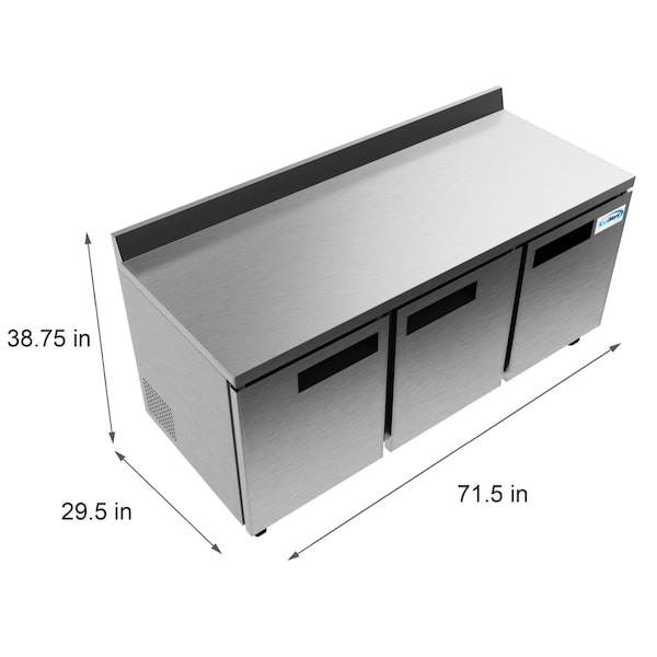 Koolmore 72" Stainless Steel 3 Door Worktop Commercial Refrigerator with 3 1/2 Backsplash - RWT-3D-16C