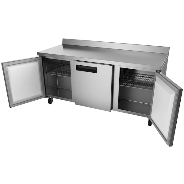 Koolmore 72" Stainless Steel 3 Door Worktop Commercial Refrigerator with 3 1/2 Backsplash - RWT-3D-16C
