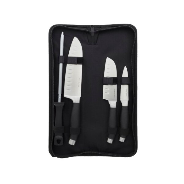 Hastings Home Professional Chef 5-piece Knife Set, Stainless Steel Hand Forged, Sharpening Steel and Zip Closure - 979102PNR
