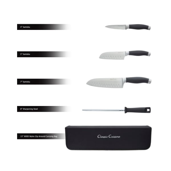Hastings Home Professional Chef 5-piece Knife Set, Stainless Steel Hand Forged, Sharpening Steel and Zip Closure - 979102PNR