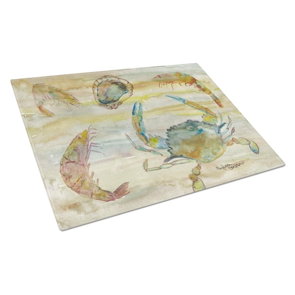 Carolines Treasures CrabShrimpOyster Yellow Sky Glass Cutting Board Large - SC2026LCB