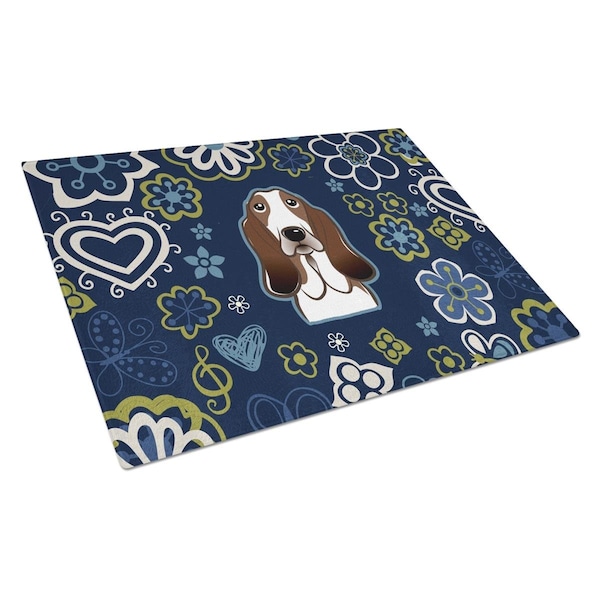 Carolines Treasures Blue Flowers Basset Hound Glass Cutting Board Large - BB5094LCB