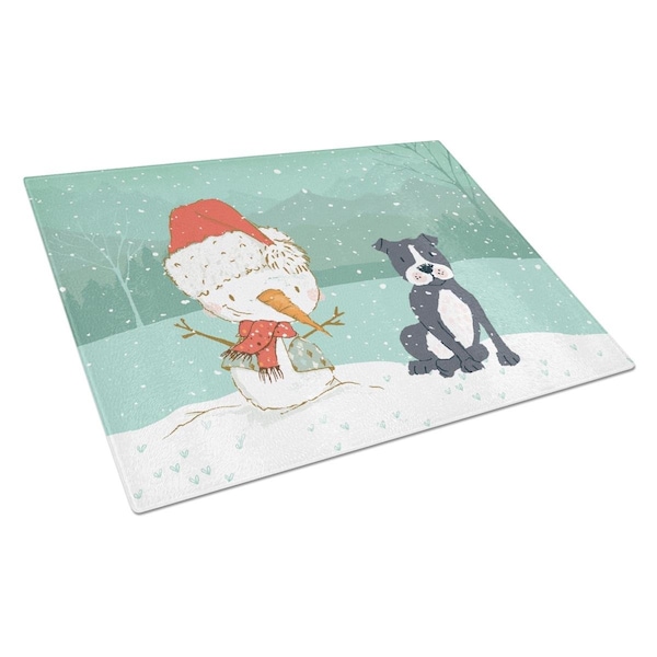 Carolines Treasures Black Staffie Snowman Christmas Glass Cutting Board Large - CK2075LCB