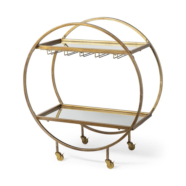 Fiesta Circular Chasis Antique Gold Metal with Two Mirror Glass Shelves Bar Cart - FI3090675