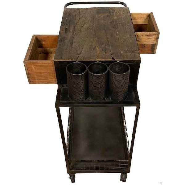Homeroots 37 x 19 x 33 in. Rolling Rustic Black & Natural Bar Cart - 389227