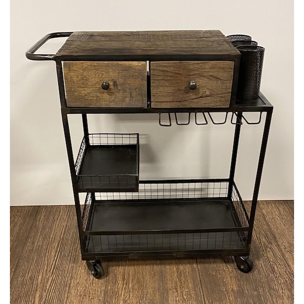 Homeroots 37 x 19 x 33 in. Rolling Rustic Black & Natural Bar Cart - 389227
