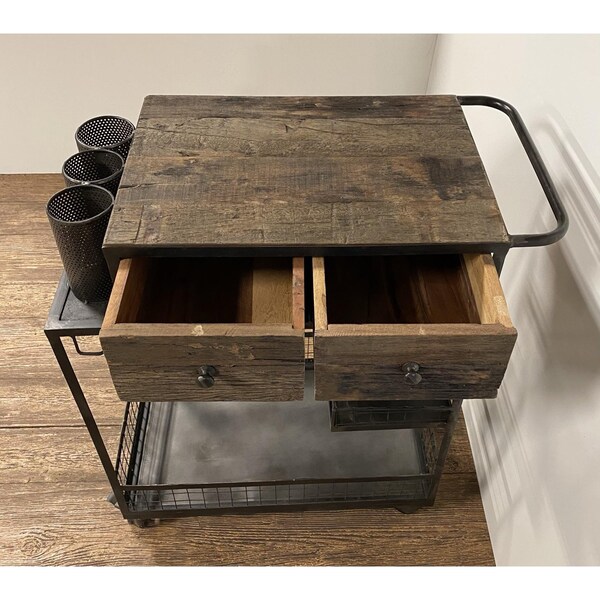 Homeroots 37 x 19 x 33 in. Rolling Rustic Black & Natural Bar Cart - 389227