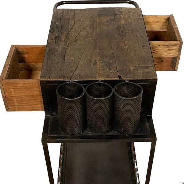 Homeroots 37 x 19 x 33 in. Rolling Rustic Black & Natural Bar Cart - 389227