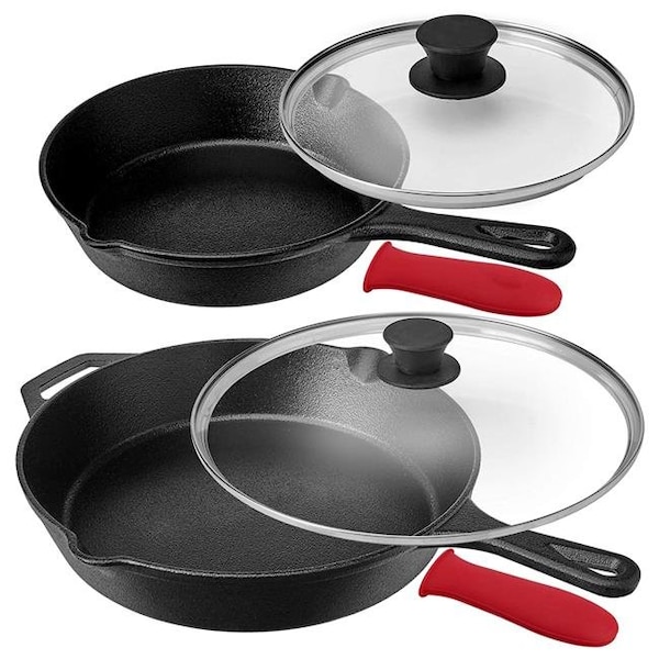 Megachef Megachef MCCI-460 6 Piece Pre-Seasoned Cast Iron Skillet Set with Lids & Red Silicone Holders - MCCI-460
