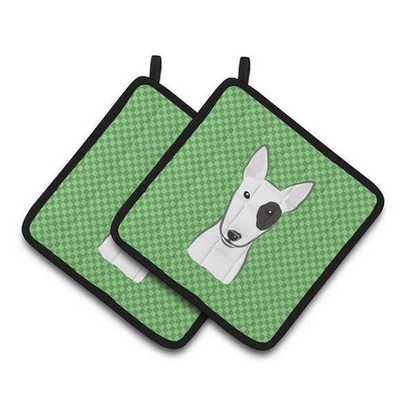 Carolines Treasures Carolines Treasures BB1132PTHD Green Checkered Bull Terrier Pair of Pot Holders; 7.5 x 3 x 7.5 in. - BB1132PTHD