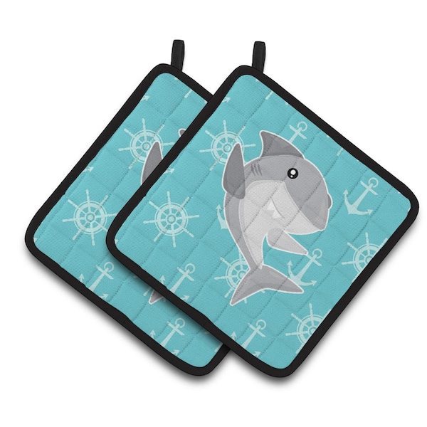 Carolines Treasures Shark on Blue Nautical Pair of Pot Holders - BB6940PTHD