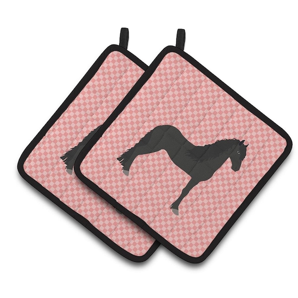 Carolines Treasures Friesian Horse Pink Check Pair of Pot Holders - BB7915PTHD