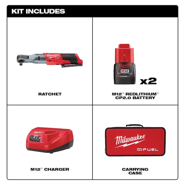 Milwaukee Tool M12(TM) 12V 1/2" Cordless Ratchet Kit - 2558-22, 48-11-2420, 48-11-2420