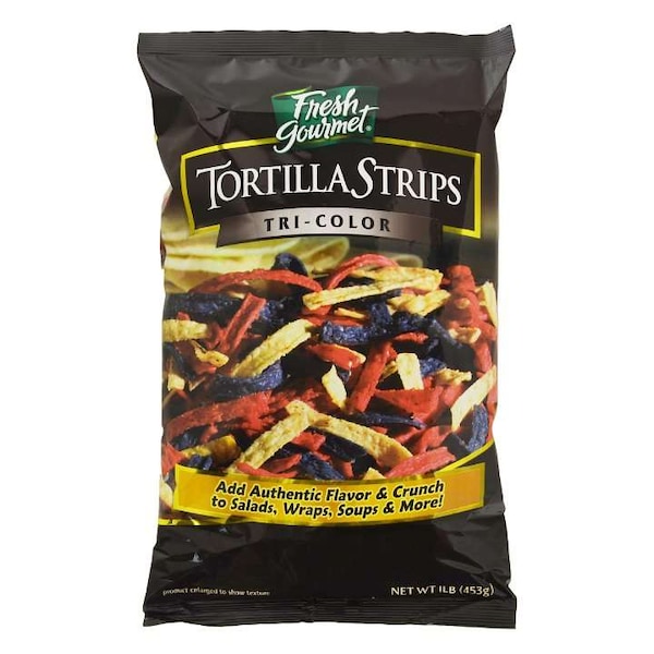 Tiras de tortilla tricolor gourmet frescas para ensalada, 1lb, paquete de 10 - 55649