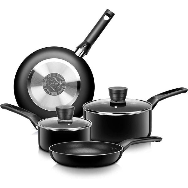 Serenelife Kitchenware Pots & Pans Set – Basic Kitchen Cookware, Black Non-Stick Coating Inside, Heat Resistant - SLCW6BLK