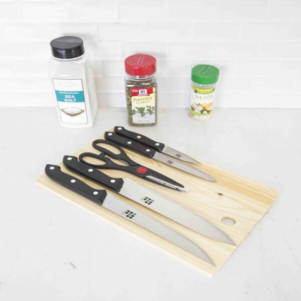 Home Basics Essentials Series 5 Piece Stainless Steel Knife Set with All Natural Wood Cutting Board - KS10095