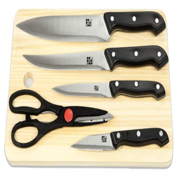 Home Basics Essentials Series 5 Piece Stainless Steel Knife Set with All Natural Wood Cutting Board - KS10095