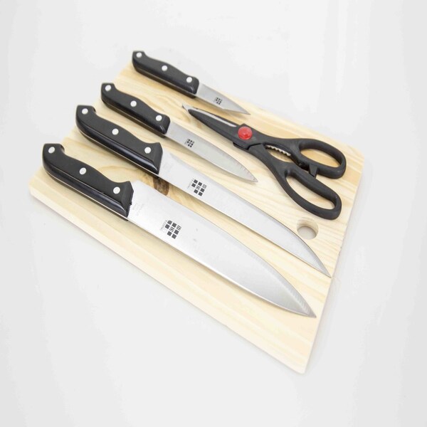 Home Basics Essentials Series 5 Piece Stainless Steel Knife Set with All Natural Wood Cutting Board - KS10095