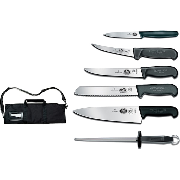 Swiss Army Brands Victorinox 46149 Kitchen Black Culinary Set, 7-Piece Fibrox Pro Culinary Set With Canvas Roll - VIC-7.4012-X10