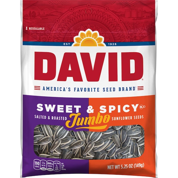 Semillas de girasol Jumbo saladas y condimentadas al estilo dulce y picante de David, 5.25 oz., paquete de 12 - 2620046464