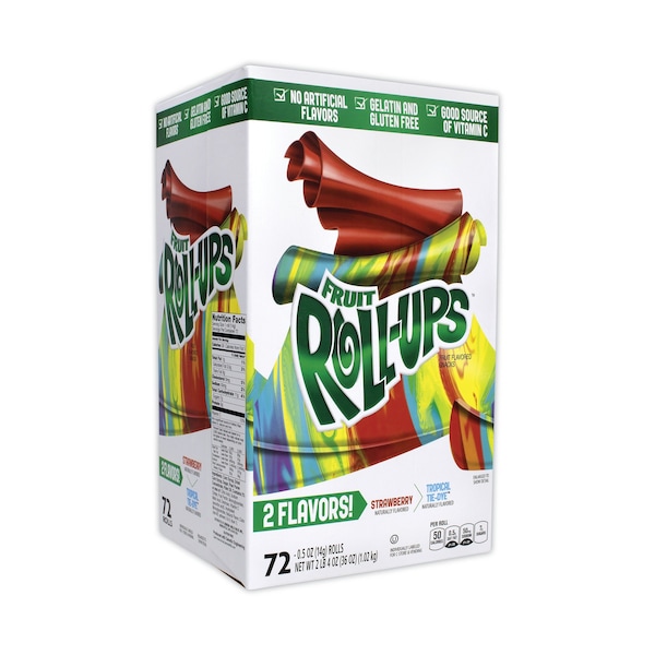 Betty Crocker Fruit RollUps Fruit Snacks, Sabores Fresa y TieDye Tropical, 0.5 oz, Paquete con 72 unidades, 72PK - 49582