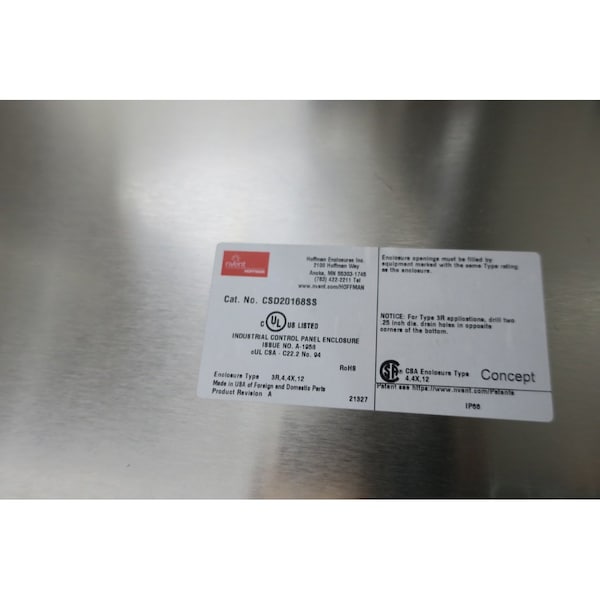 Hoffman 304 Stainless Steel Electrical Enclosures, 20 in H, 8 in D, 16 in W, NEMA 4X, Hinged - CSD20168SS