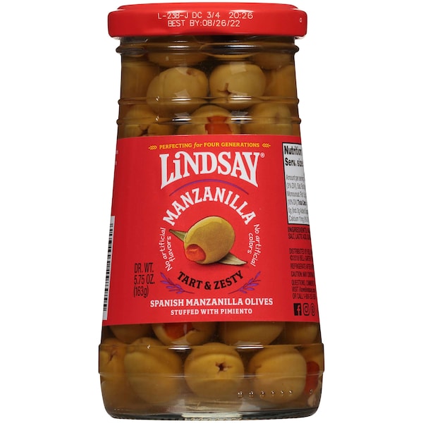 Aceitunas rellenas de manzanilla y pimiento Lindsay Lindsay español, frasco de 5.75 oz, paquete de 12 - A003712