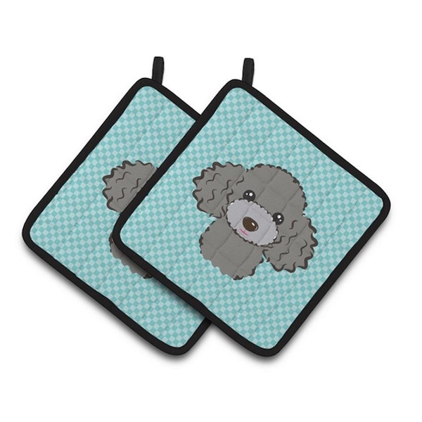 Carolines Treasures Checkerboard Blue Silver Gray Poodle Pair of Pot Holders, 7.5 x 3 x 7.5 in. - BB1197PTHD