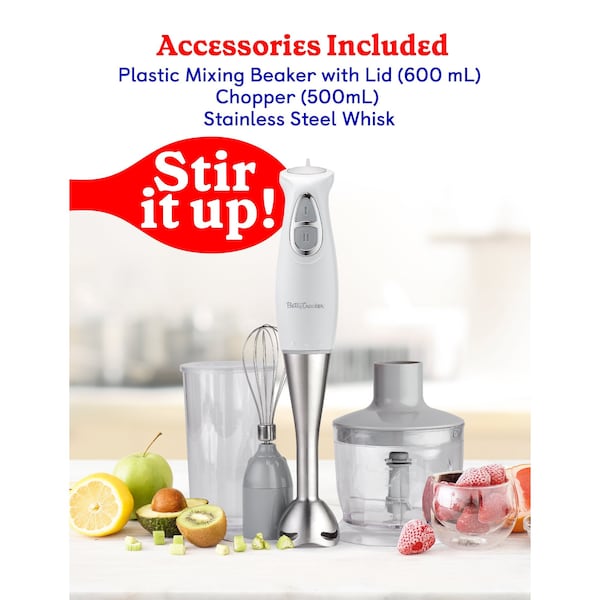 Betty Crocker Immersion Blender, 2-Speed, Stainless Steel Blade, Beaker & Whisk, 250W, White - BC-4306W