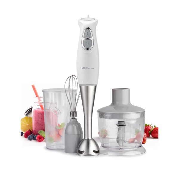Betty Crocker Immersion Blender, 2-Speed, Stainless Steel Blade, Beaker & Whisk, 250W, White - BC-4306W