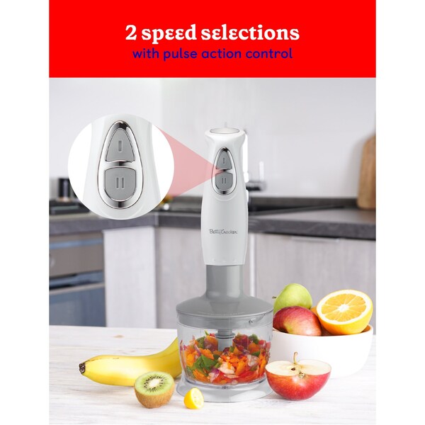 Betty Crocker Immersion Blender, 2-Speed, Stainless Steel Blade, Beaker & Whisk, 250W, White - BC-4306W