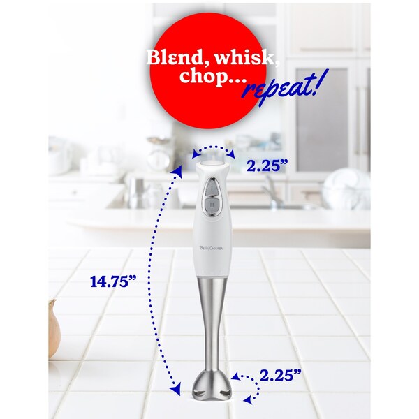Betty Crocker Immersion Blender, 2-Speed, Stainless Steel Blade, Beaker & Whisk, 250W, White - BC-4306W