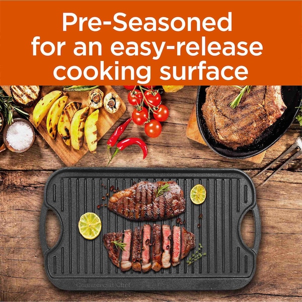 Commercial Chef Cast Iron Griddle, Reversible Grill Griddle with Dual Handles - CHFLRGG5