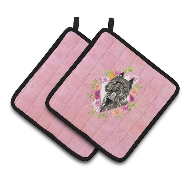Carolines Treasures 7.5 x 7.5 in. Bouvier Des Flandres Pink Flowers Pair of Pot Holders - CK4256PTHD