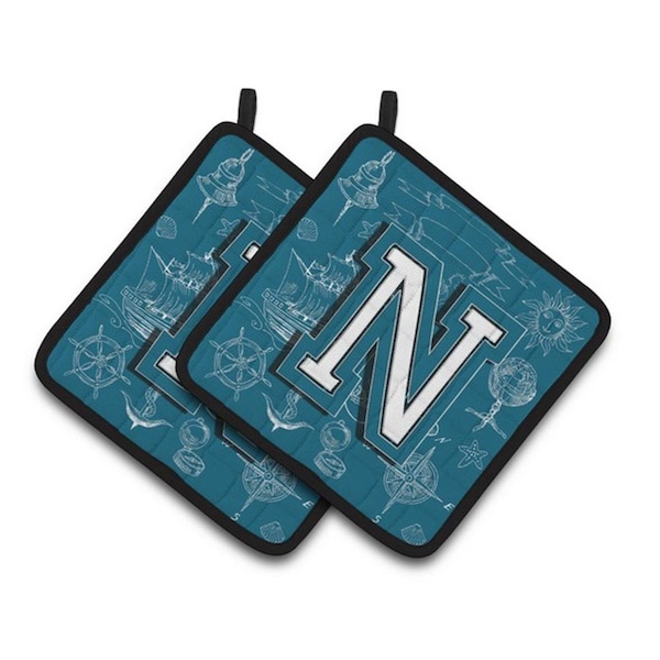Carolines Treasures Letter N Sea Doodles Initial Alphabet Pair of Pot Holders, 7.5 x 3 x 7.5 in. - CJ2014-NPTHD