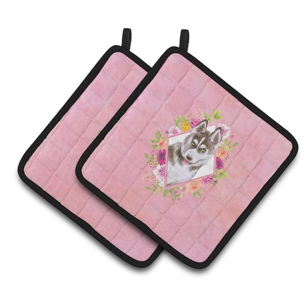 Carolines Treasures 7.5 x 7.5 in. Siberian Husky No.2 Pink Flowers Pair of Pot Holders - CK4152PTHD