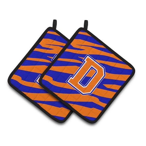 Carolines Treasures Monogram Initial D Tiger Stripe - Blue Orange Pair of Pot Holders, 7.5 x 3 x 7.5 in. - CJ1023-DPTHD