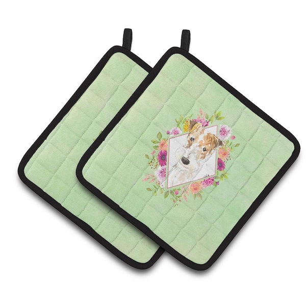 Carolines Treasures 7.5 x 7.5 in. Fox Terrier Green Flowers Pair of Pot Holders - CK4359PTHD