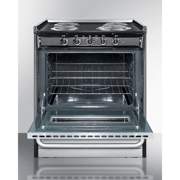 Summit Appliance Div. Summit-Slide-In Electric Range, 30"W, Stainless Steel Doors, Black Porcelain Top - TEM210BRWY