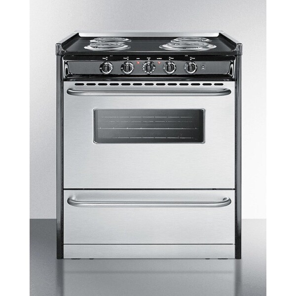 Summit Appliance Div. Summit-Slide-In Electric Range, 30"W, Stainless Steel Doors, Black Porcelain Top - TEM210BRWY