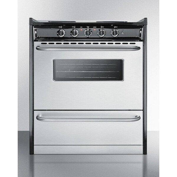 Summit Appliance Div. Summit-Slide-In Electric Range, 30"W, Stainless Steel Doors, Black Porcelain Top - TEM210BRWY