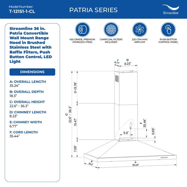 Streamline 36 in. Patria Convertible Wall Mount 220 CFM Range Hood in Brushed Stainless Steel - T-12151-1-CL